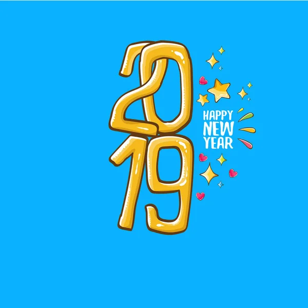 2019 Happy New Year poster design template. Vector happy new year greeting illustration with colored hand drawn 2019 numbers and stars isolated on blue background