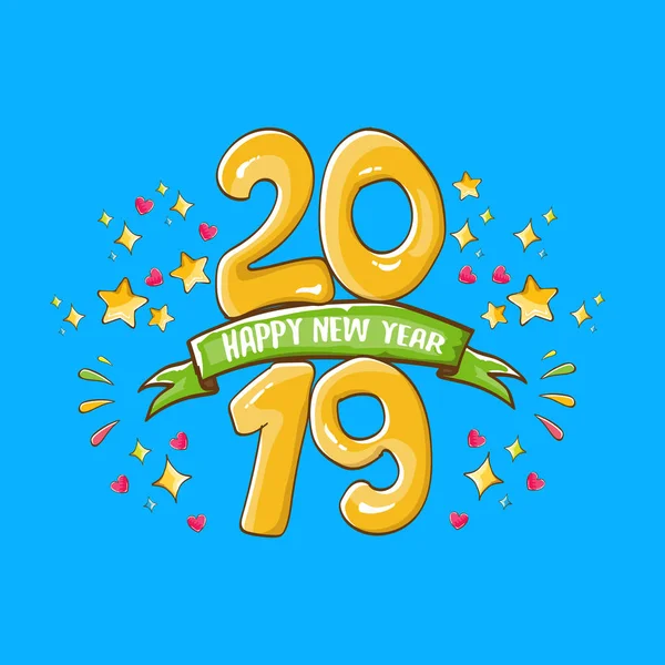 2019 Happy New Year poster design template. Vector happy new year greeting illustration with colored hand drawn 2019 numbers and stars isolated on blue background