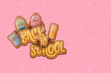 Vektör horizntal arka plan şablonu okula veya kalem, kitap, çanta, silgi ve metin için yer gibi komik karikatür malzemeleri ile banner dönün. Geri okul etiket için vektör