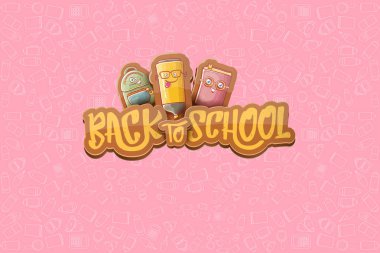 Vektör horizntal arka plan şablonu okula veya kalem, kitap, çanta, silgi ve metin için yer gibi komik karikatür malzemeleri ile banner dönün. Geri okul etiket için vektör