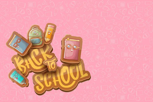 Terug naar school vector horizntal achtergrond sjabloon of banner met grappige cartoon benodigdheden zoals potlood, boek, tas, Gum en ruimte voor tekst. Vector terug naar school-label — Stockvector