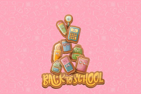 Back to school vector horizntal background template or banner with funny cartoon supplies like pencil, book, bag, eraser and space for text. Вектор назад в школу — стоковый вектор