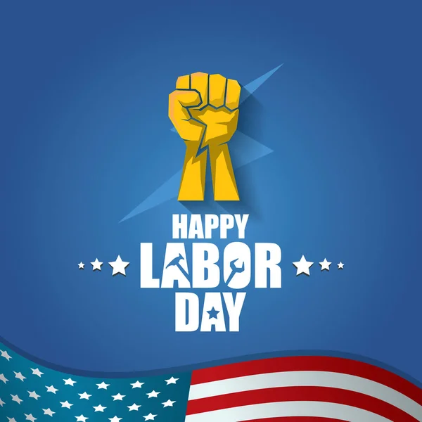 Arbeitstag usa Vektor Etikett oder Hintergrund. Vektor Happy Labor Day Plakat oder Banner mit geballter Faust isoliert auf US-Flagge Hintergrund. Gewerkschaftsikone — Stockvektor