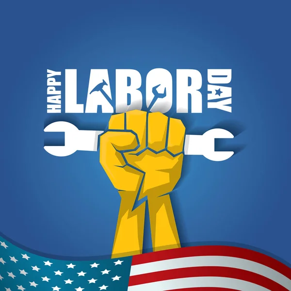 Jour de travail étiquette vectorielle Usa ou fond. vecteur heureux affiche de la fête du travail ou une bannière avec poing serré isolé sur fond de drapeau des Etats-Unis. Icône syndicale — Image vectorielle