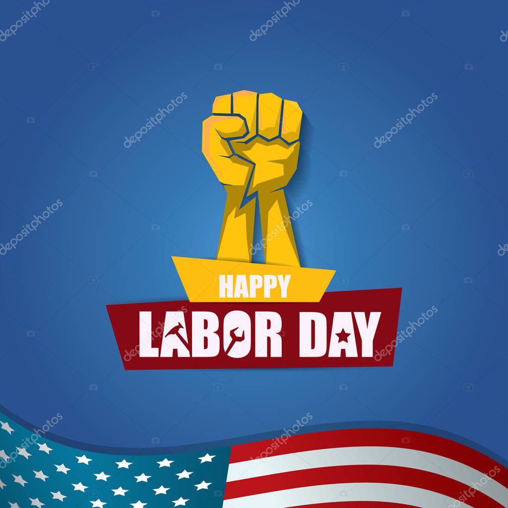 Labor day Usa vector label . vector happy labor day poster or banner with clenched fist isolated on usa flag background . Labor union icon