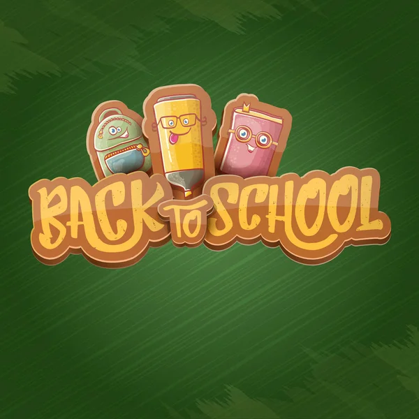 鉛筆、本、バッグ、消しゴム、テキスト用のスペースのような面白い漫画用品と学校ベクトル背景テンプレートに戻る。緑の黒板に分離された学校漫画ラベルに戻るベクトル — ストックベクタ