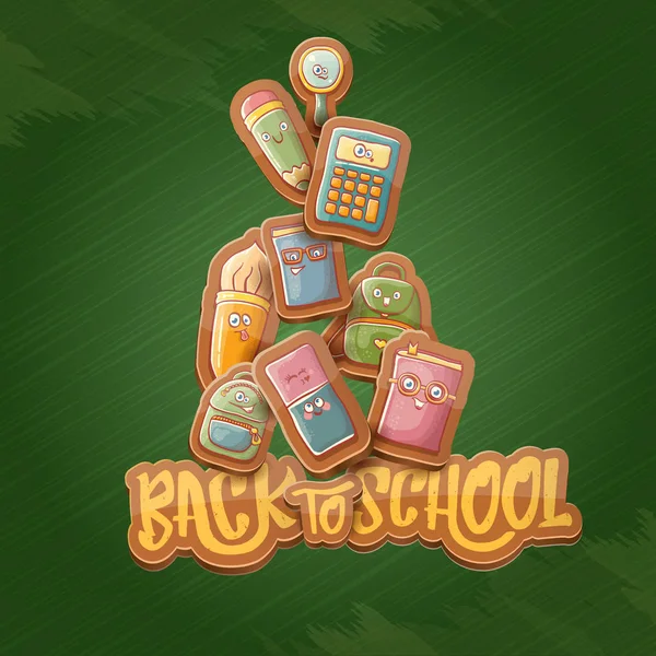 Back to school vector background template with funny cartoon supplies like pencil ,book, bag, eraser and space for text. Vector back to school cartoon label isolated on green chalkboard — Stock Vector