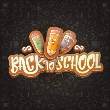 Geri okul vektör arka plan şablonu için kalem, kitap, çanta, silgi ve metin için yer gibi komik karikatür malzemeleri. Vector öğesine geri siyah kara tahta izole okul çizgi film etiketi