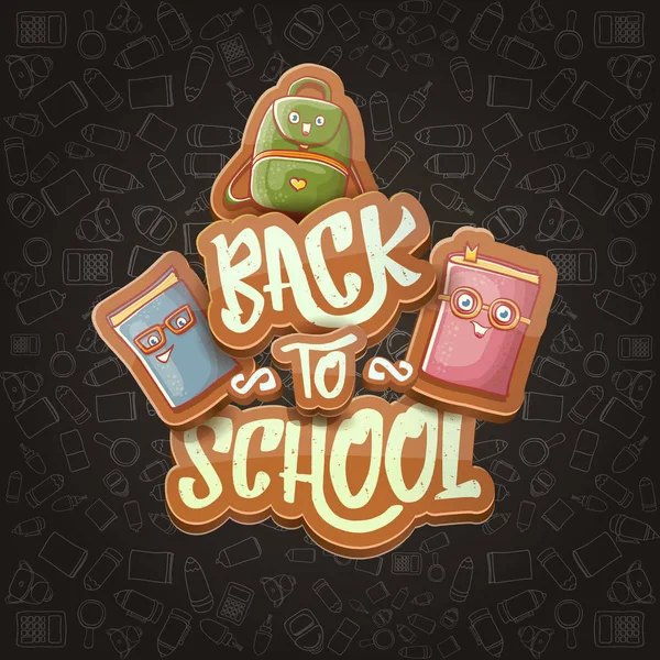 Back to school vector background template with funny cartoon supplies like pencil ,book, bag, eraser and space for text. Vector back to school cartoon label isolated on black chalkboard — Stock Vector