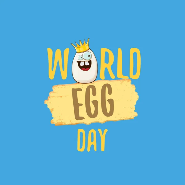 World egg day vector concept funky illustartion. bianco uovo re personaggi dei cartoni animati con corona isolata su sfondo blu . — Vettoriale Stock