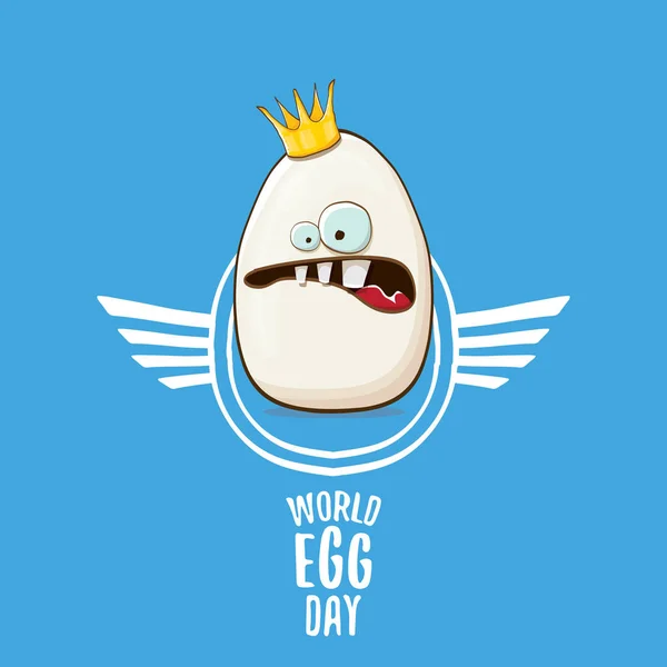 World egg day vector concept funky illustartion. bianco uovo re personaggi dei cartoni animati con corona isolata su sfondo blu . — Vettoriale Stock