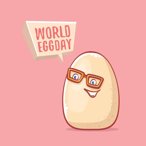 Mondo uovo giorno concetto divertente illustrazione con carino bianco uovo cartone animato kawaii personaggio isolato su sfondo rosa . — Vettoriale Stock