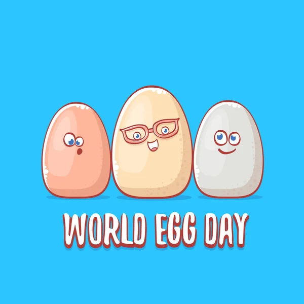 かわいい白い卵と世界の卵日コンセプト面白いイラスト漫画の可愛い文字が青の背景に分離. — ストックベクタ