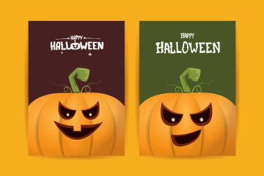 Cadılar Bayramı dikey çizgi film posterleri. Cadılar Bayramı korkunç balkabaklarıyla süslenmiş. Tuhaf çocuklar için Cadılar Bayramı arkaplanı metin için alan