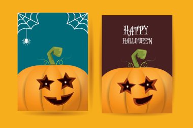 Cadılar Bayramı dikey çizgi film posterleri. Cadılar Bayramı korkunç balkabaklarıyla süslenmiş. Tuhaf çocuklar için Cadılar Bayramı arkaplanı metin için alan