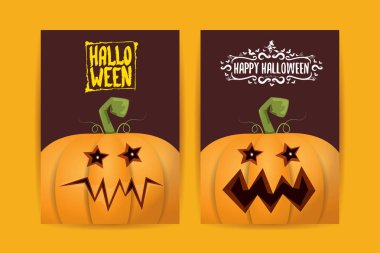 Cadılar Bayramı dikey çizgi film posterleri. Cadılar Bayramı korkunç balkabaklarıyla süslenmiş. Tuhaf çocuklar için Cadılar Bayramı arkaplanı metin için alan