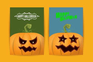 Cadılar Bayramı dikey çizgi film posterleri. Cadılar Bayramı korkunç balkabaklarıyla süslenmiş. Tuhaf çocuklar için Cadılar Bayramı arkaplanı metin için alan