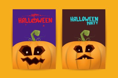 Cadılar Bayramı dikey çizgi film posterleri. Cadılar Bayramı korkunç balkabaklarıyla süslenmiş. Tuhaf çocuklar için Cadılar Bayramı arkaplanı metin için alan