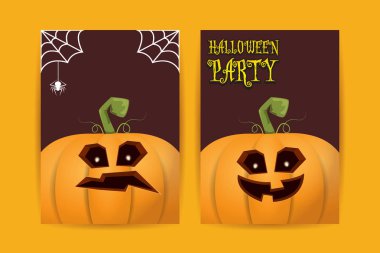 Cadılar Bayramı dikey çizgi film posterleri. Cadılar Bayramı korkunç balkabaklarıyla süslenmiş. Tuhaf çocuklar için Cadılar Bayramı arkaplanı metin için alan