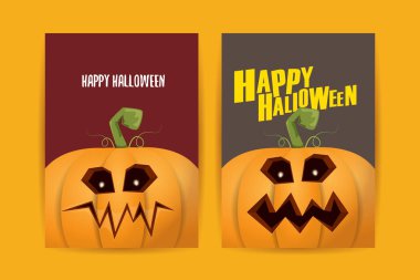 Cadılar Bayramı dikey çizgi film posterleri. Cadılar Bayramı korkunç balkabaklarıyla süslenmiş. Tuhaf çocuklar için Cadılar Bayramı arkaplanı metin için alan