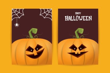 Cadılar Bayramı dikey çizgi film posterleri. Cadılar Bayramı korkunç balkabaklarıyla süslenmiş. Tuhaf çocuklar için Cadılar Bayramı arkaplanı metin için alan