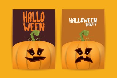 Cadılar Bayramı dikey çizgi film posterleri. Cadılar Bayramı korkunç balkabaklarıyla süslenmiş. Tuhaf çocuklar için Cadılar Bayramı arkaplanı metin için alan