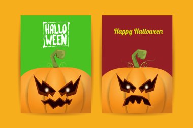 Cadılar Bayramı dikey çizgi film posterleri. Cadılar Bayramı korkunç balkabaklarıyla süslenmiş. Tuhaf çocuklar için Cadılar Bayramı arkaplanı metin için alan