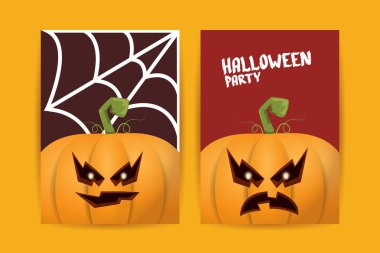 Cadılar Bayramı dikey çizgi film posterleri. Cadılar Bayramı korkunç balkabaklarıyla süslenmiş. Tuhaf çocuklar için Cadılar Bayramı arkaplanı metin için alan