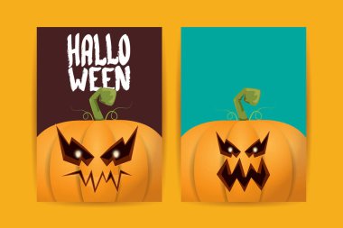 Cadılar Bayramı dikey çizgi film posterleri. Cadılar Bayramı korkunç balkabaklarıyla süslenmiş. Tuhaf çocuklar için Cadılar Bayramı arkaplanı metin için alan