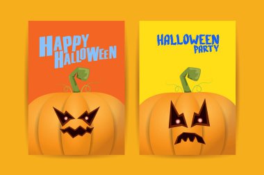 Cadılar Bayramı dikey çizgi film posterleri. Cadılar Bayramı korkunç balkabaklarıyla süslenmiş. Tuhaf çocuklar için Cadılar Bayramı arkaplanı metin için alan