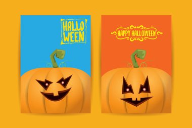 Cadılar Bayramı dikey çizgi film posterleri. Cadılar Bayramı korkunç balkabaklarıyla süslenmiş. Tuhaf çocuklar için Cadılar Bayramı arkaplanı metin için alan