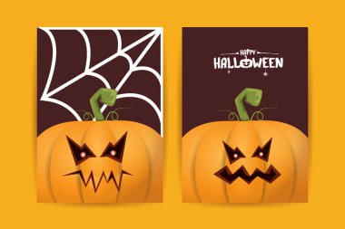 Cadılar Bayramı dikey çizgi film posterleri. Cadılar Bayramı korkunç balkabaklarıyla süslenmiş. Tuhaf çocuklar için Cadılar Bayramı arkaplanı metin için alan