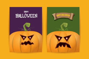 Cadılar Bayramı dikey çizgi film posterleri. Cadılar Bayramı korkunç balkabaklarıyla süslenmiş. Tuhaf çocuklar için Cadılar Bayramı arkaplanı metin için alan