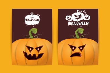 Cadılar Bayramı dikey çizgi film posterleri. Cadılar Bayramı korkunç balkabaklarıyla süslenmiş. Tuhaf çocuklar için Cadılar Bayramı arkaplanı metin için alan