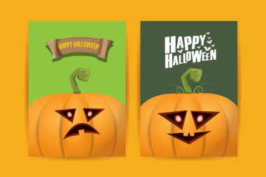 Cadılar Bayramı dikey çizgi film posterleri. Cadılar Bayramı korkunç balkabaklarıyla süslenmiş. Tuhaf çocuklar için Cadılar Bayramı arkaplanı metin için alan