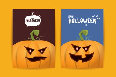 Cadılar Bayramı dikey çizgi film posterleri. Cadılar Bayramı korkunç balkabaklarıyla süslenmiş. Tuhaf çocuklar için Cadılar Bayramı arkaplanı metin için alan