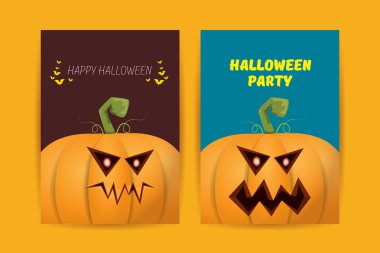 Cadılar Bayramı dikey çizgi film posterleri. Cadılar Bayramı korkunç balkabaklarıyla süslenmiş. Tuhaf çocuklar için Cadılar Bayramı arkaplanı metin için alan