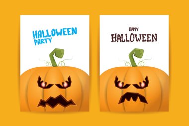 Cadılar Bayramı dikey çizgi film posterleri. Cadılar Bayramı korkunç balkabaklarıyla süslenmiş. Tuhaf çocuklar için Cadılar Bayramı arkaplanı metin için alan