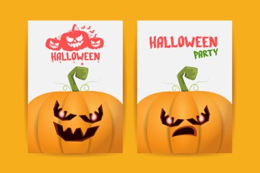 Cadılar Bayramı dikey çizgi film posterleri. Cadılar Bayramı korkunç balkabaklarıyla süslenmiş. Tuhaf çocuklar için Cadılar Bayramı arkaplanı metin için alan