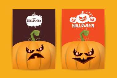 Cadılar Bayramı dikey çizgi film posterleri. Cadılar Bayramı korkunç balkabaklarıyla süslenmiş. Tuhaf çocuklar için Cadılar Bayramı arkaplanı metin için alan