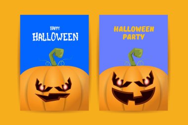 Cadılar Bayramı dikey çizgi film posterleri. Cadılar Bayramı korkunç balkabaklarıyla süslenmiş. Tuhaf çocuklar için Cadılar Bayramı arkaplanı metin için alan