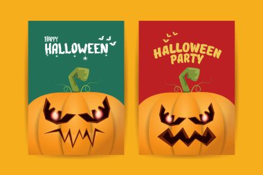 Cadılar Bayramı dikey çizgi film posterleri. Cadılar Bayramı korkunç balkabaklarıyla süslenmiş. Tuhaf çocuklar için Cadılar Bayramı arkaplanı metin için alan