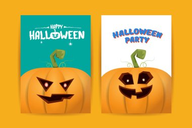 Cadılar Bayramı dikey çizgi film posterleri. Cadılar Bayramı korkunç balkabaklarıyla süslenmiş. Tuhaf çocuklar için Cadılar Bayramı arkaplanı metin için alan