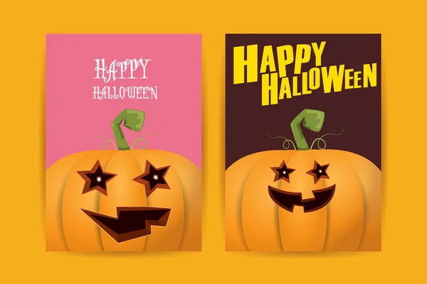 Halloween vertikale Cartoon-Poster mit gruseligen Halloween-Kürbissen. Irre Kinder Halloween Hintergrund mit Platz für Text — Stockvektor