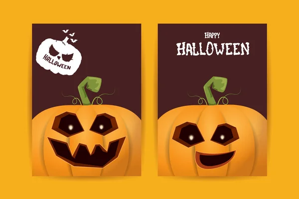Cartazes de desenhos animados verticais de Halloween com abóboras assustadoras de Halloween. Funky crianças Halloween fundo com espaço para texto —  Vetores de Stock