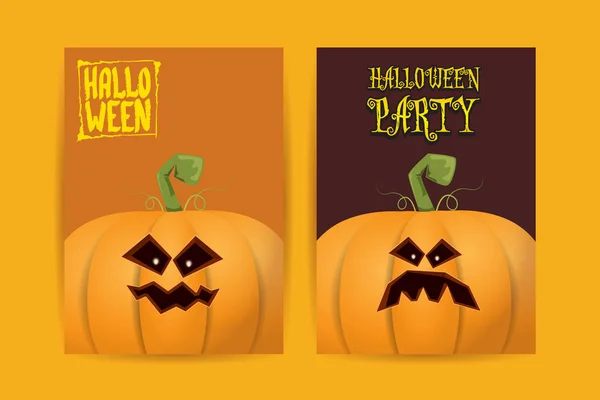 Carteles de dibujos animados verticales de Halloween con calabazas de miedo de Halloween. Fondo de Halloween Funky kids con espacio para texto — Vector de stock