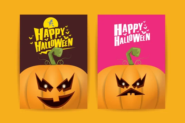 Carteles de dibujos animados verticales de Halloween con calabazas de miedo de Halloween. Fondo de Halloween Funky kids con espacio para texto — Vector de stock