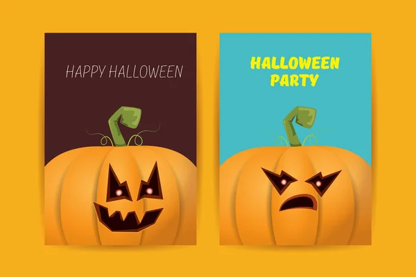 Carteles de dibujos animados verticales de Halloween con calabazas de miedo de Halloween. Fondo de Halloween Funky kids con espacio para texto — Vector de stock