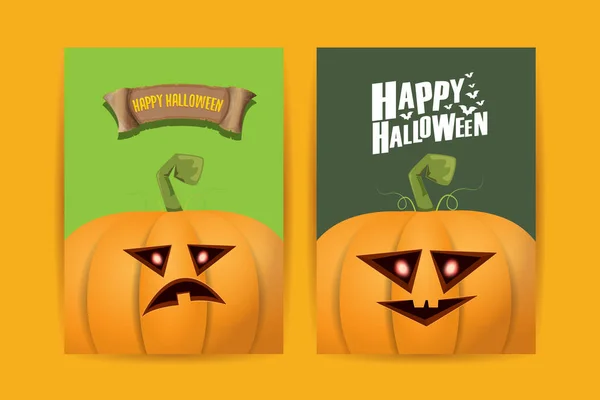 Carteles de dibujos animados verticales de Halloween con calabazas de miedo de Halloween. Fondo de Halloween Funky kids con espacio para texto — Vector de stock