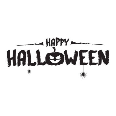 Mutlu Halloween metin afiş veya etiket. Vektör Cadılar Bayramı kaligrafi metin etiketi üzerinde beyaz izole korkutucu Kabak ile